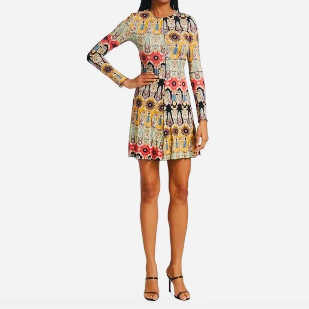 Alice + Olivia Cream and Brown Long Sleeve Fit and Flare Dress